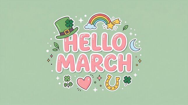 Hello march seasonal greeting card design featuring st patricks day elements like a leprechaun hat rainbow shamrock and horseshoe on a soft mint green background illustration
