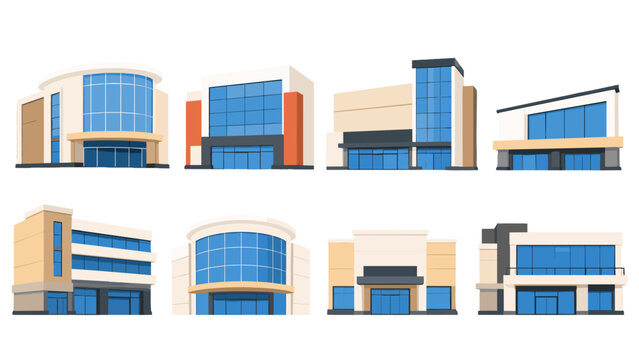 Set of modern commercial building facades in flat vector style