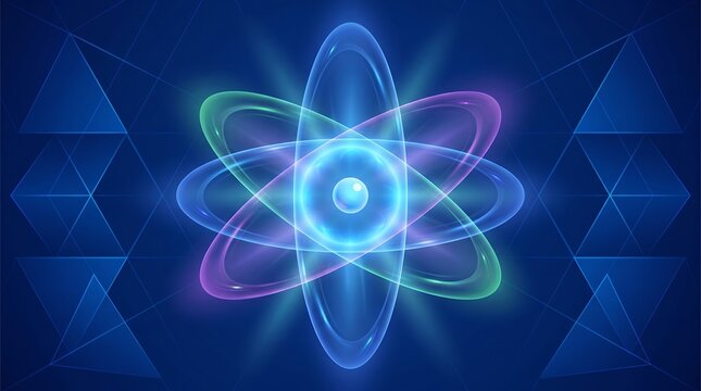 Glowing atom model with colorful orbits on dark blue background
