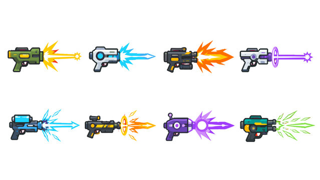 Set of colorful futuristic ray guns with energy blasts