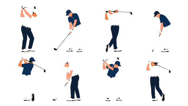 Collection of golfers in different swing and putting poses