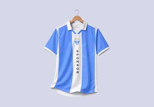 Jersey Mockup Front View Hanging on Wooden Hanger