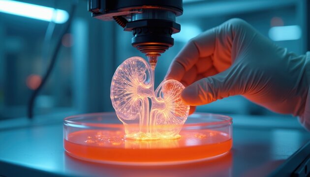 Scientist works with 3D printed kidney organ model. Hand holds transparent kidney structure for medical research. Lab equipment, petri dish with fluid, bioprinting technology.