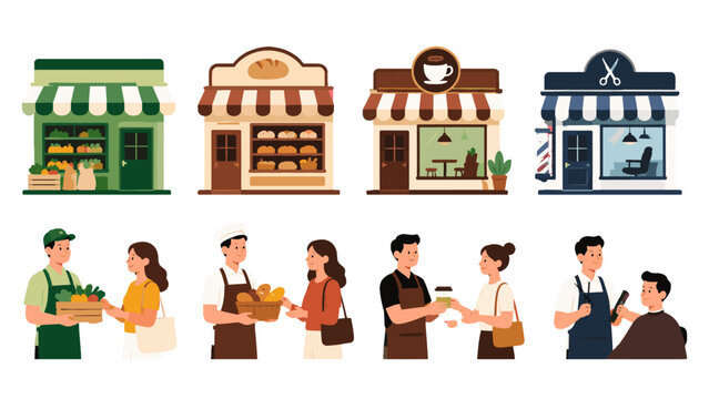 Set of small local shop storefronts and customer service scenes