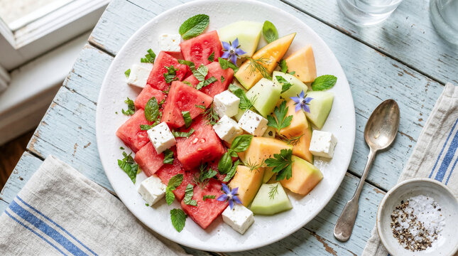 White plate holds fresh watermelon, cantaloupe, and cubed feta cheese. Mint leaves and small blue flowers garnish the fruit. The plate rests on a light blue wooden table