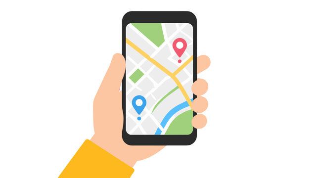 Hand holding smartphone with map and location pins