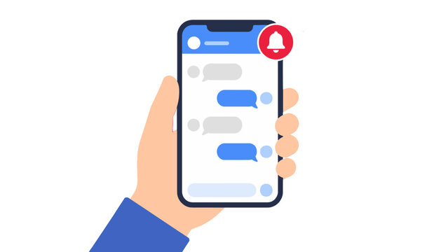 Hand holding smartphone with chat messages and notification icon