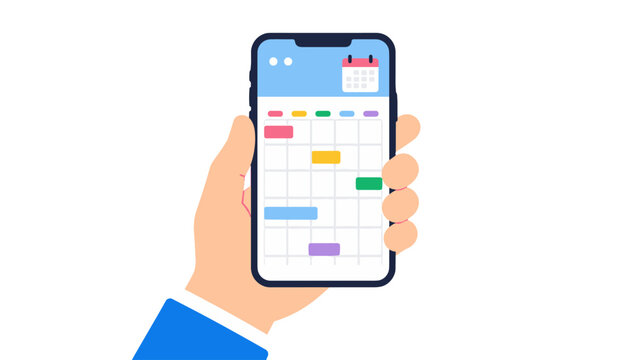 Hand holding smartphone with calendar app interface illustration