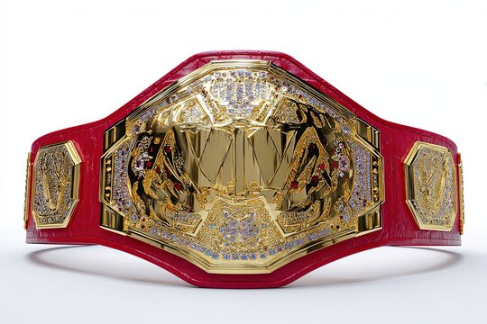 A championship wrestling belt with intricate gold detailing and a red leather strap, symbolizing victory and athletic prowess.