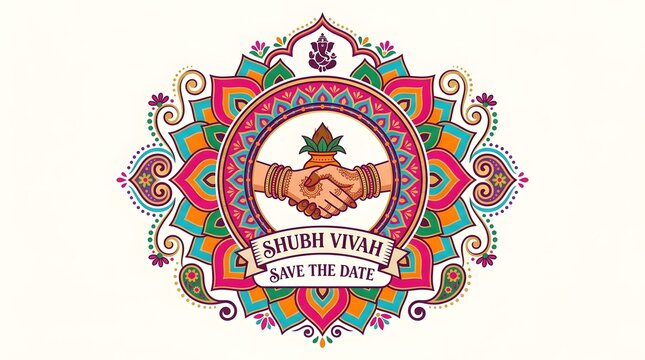 Vibrant indian wedding invitation design featuring a colorful mandala pattern with traditional henna patterns on hands holding a kalash pot and elegant shubh vivah text