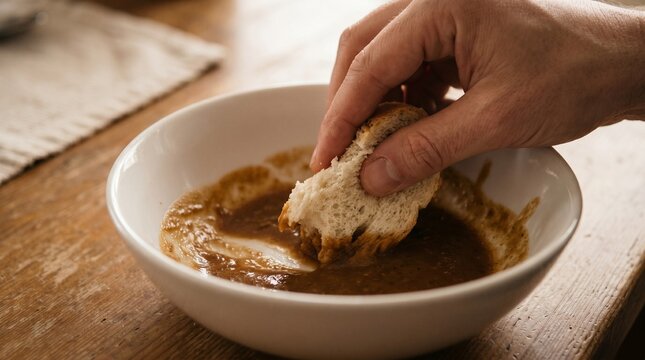 Hand Wiping Last Remnants Of Soup With Bread, Zero Food Waste Concept, Appreciating Meager Meals, Warm Directional Lighting Close Up.