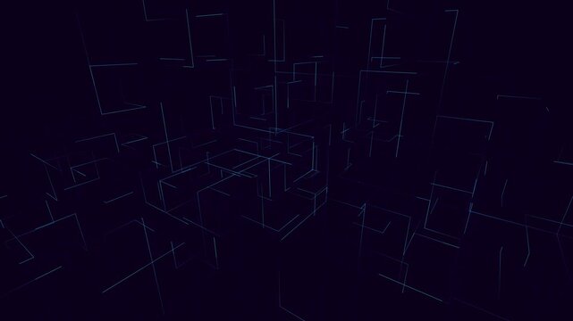 Symmetrical core perspective inside an abstract architectural digital wireframe grid network of blue neon lines in a 3D rendering