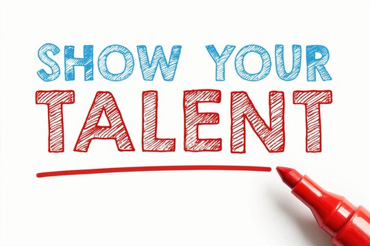 Show your talent text written in blue and red scribble style with a red marker