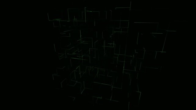 Abstract matrix of digital green wireframe grid lines forming a complex data visualization network architecture in a dark 3D rendering