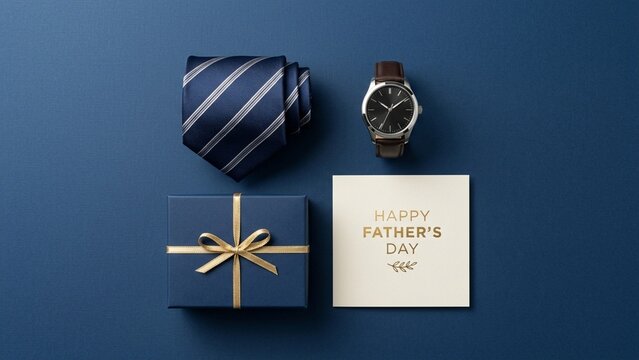 Minimalist Father's Day Flat Lay with Tie Watch and Gift Box