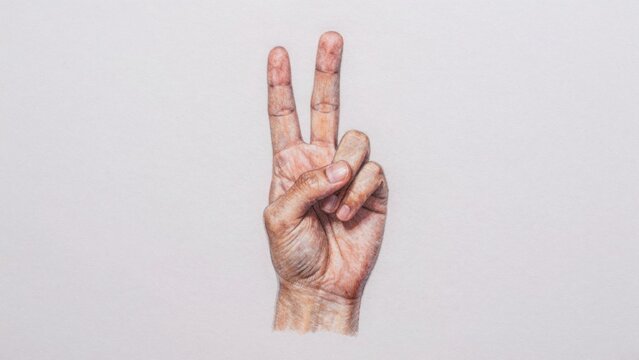 Drawing hand shown plain white background drawn realistic style fingers pointing thumb painted light pink colo
