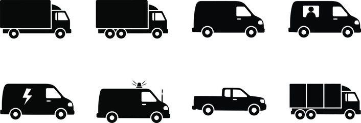 Set of different black vehicles icons including truck, van, police car, ambulance, and pickup Vector © MstSabrina