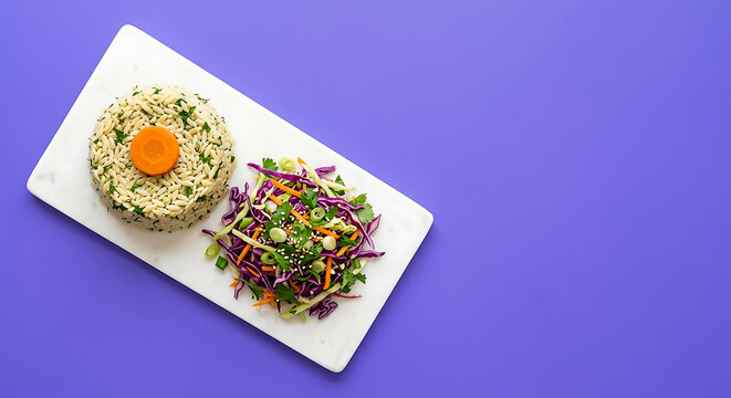 Healthy vegan orzo pasta mound with purple cabbage slaw salad on purple background with copy space. Healthy vegan meal concept.