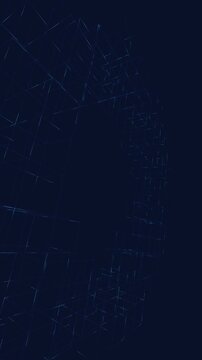 Vertical abstract ring of blue wireframe blocks rotates in a dark digital space for futuristic smartphone backgrounds