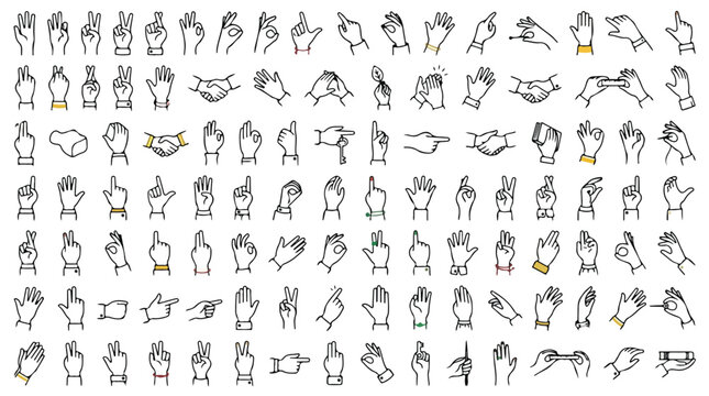 Minimalist hand gestures line icons set, diverse human hand poses and finger signals vector, communication and body language symbols collection
