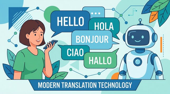 A young woman with brown hair interacts with a friendly robot. Speech bubbles display greetings in multiple languages. The scene highlights modern translation technology.