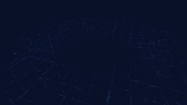 Blue wireframe cubes assemble into a circular ring stadium structure in a 3D render loop for technology and cyber backgrounds