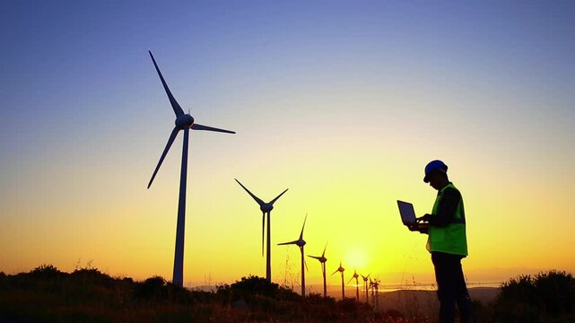 A technician in a hard hat and high-visibility vest checks a laptop while standing near a row of wind turbines at sunset, overseeing the operation and maintenance of renewable energy infrastructure.