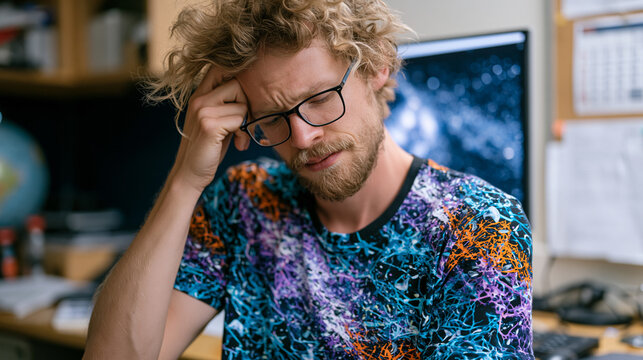 Astrophysics postdoctoral researcher frustratedly reviews a long-exposure telescope image of a galaxy cluster obscured by a dense trail of low-orbit broadband satellites, publication deadline calend