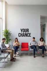 Fototapeta premium Your chance concept with red chair in waiting room interview