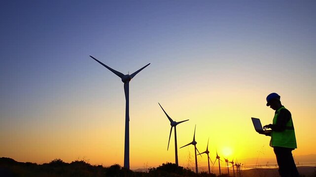 A technician in a hard hat and high-visibility vest checks a laptop while standing near a row of wind turbines at sunset, overseeing the operation and maintenance of renewable energy infrastructure.