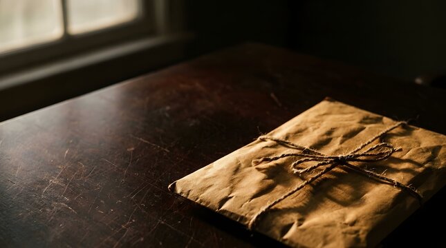 Blank manila envelope tied with frayed string on a dark wooden desk representing classified forensic evidence and chain of custody