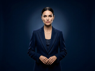 Obraz premium Professional woman in a business suit posing against a dark blue background