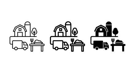 Naklejka premium Farm to Table Icons: Delivery Truck, Barn, Silo, Food, Fork, Knife, Vector Set