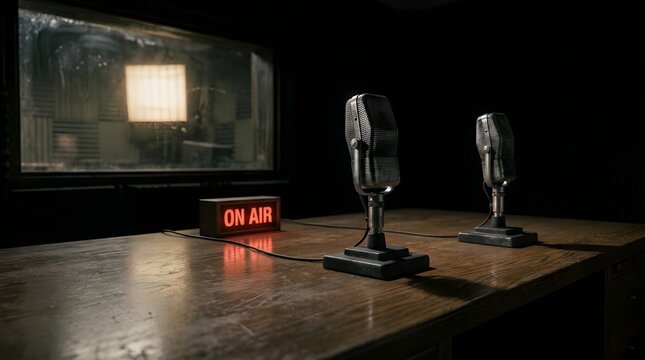 Heavy oak sports commentator desk featuring vintage microphones and a glowing on air sign for live broadcast and media journalism