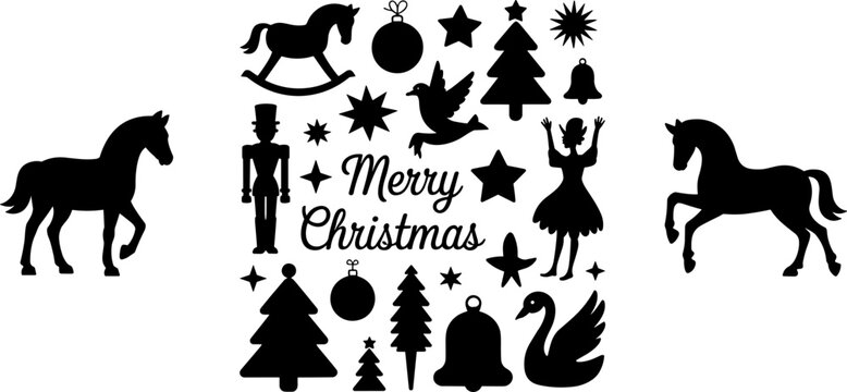 Merry Christmas Silhouette Vector Set with Horse Nutcracker Angel Tree and Holiday Ornaments for Festive Winter Design