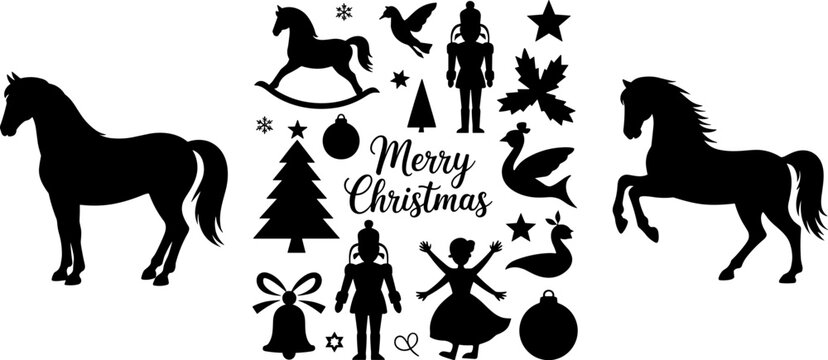 Merry Christmas Silhouette Vector Set with Horse Nutcracker Angel Tree and Holiday Ornaments for Festive Winter Design