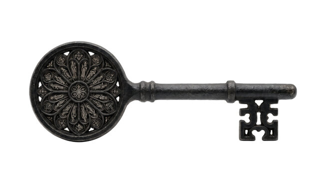 Antique gothic skeleton key tool crafted from blackened iron with rose window details