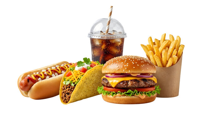 Fast food combo meal featuring burger hot dog taco fries and soda