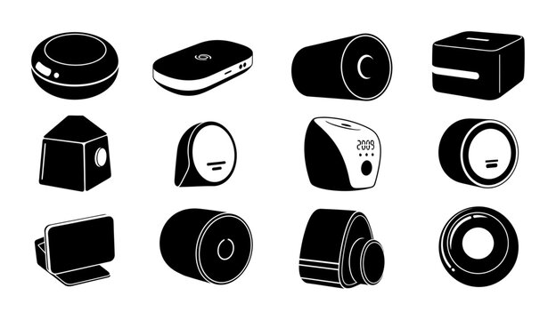 Collection of modern smart home devices and minimalist electronic gadget icons in solid black silhouette style for digital interface design