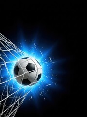 Naklejka premium Soccer ball flying into goal net with blue explosion effect on black background