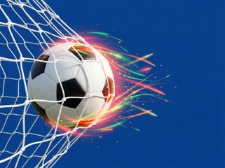Fototapeta premium Soccer ball flying into goal net with colorful streaks on blue background