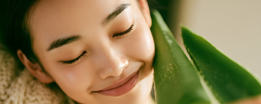 A young woman with a smile holds a green aloe vera leaf near her face. Her skin is healthy and glowing. This concept promotes natural beauty treatments for spas and wellness centers.