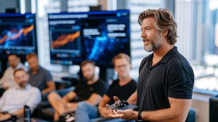 Fototapeta premium Space startup accelerator demo day shows a founder presenting a miniature satellite constellation model to seated aerospace investors, pitch deck slides projecting per-kilogram launch cost reduction