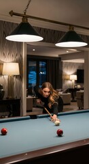 Fototapeta premium Young Woman Playing Billiards in a Stylish Room.
