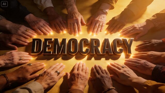 Group of people placing hands around the word democracy as a concept of unity, voting, and civic rights.