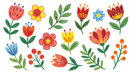 Set of colorful crayon drawn flowers, leaves and berry branches © Alan