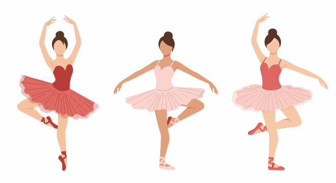 Three female dancers in tutus in graceful ballet poses on a white background