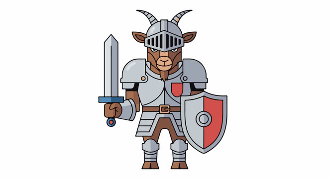 A cartoon goat in full medieval armor, holding a sword and shield