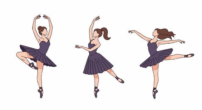 Three elegant female dancers in purple tutus performing graceful ballet poses against a white background