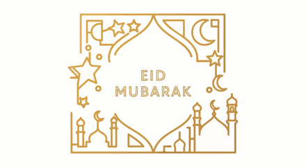 Obraz premium Gold line art frame with mosques, moons, stars, and 